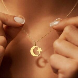 Gold Plated Stainless Steel Moon & Star Pendant Necklace